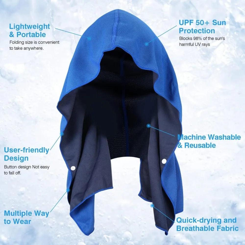 Toalla refrescante con capucha para verano, protección solar, aislamiento y secado rápido, pañuelo con botones para senderismo, pesca, deportes al aire libre y playa