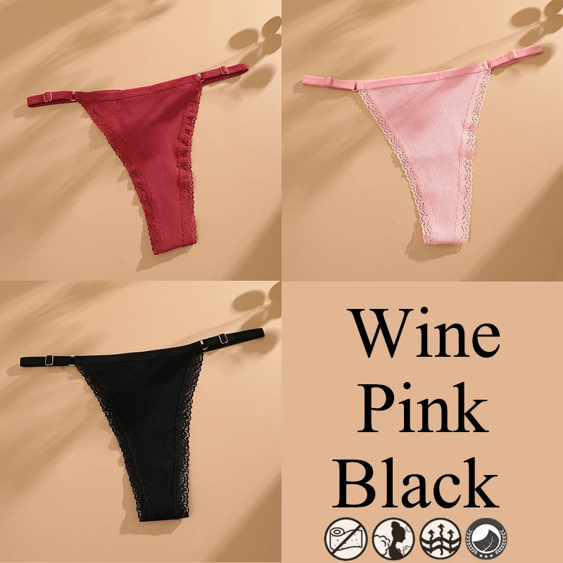 3Pcs G-String Cotton Lace Women Thongs Lingerie Low Rise Panties Adjustable Waistband Straps Hipster Underwear Female Intimates