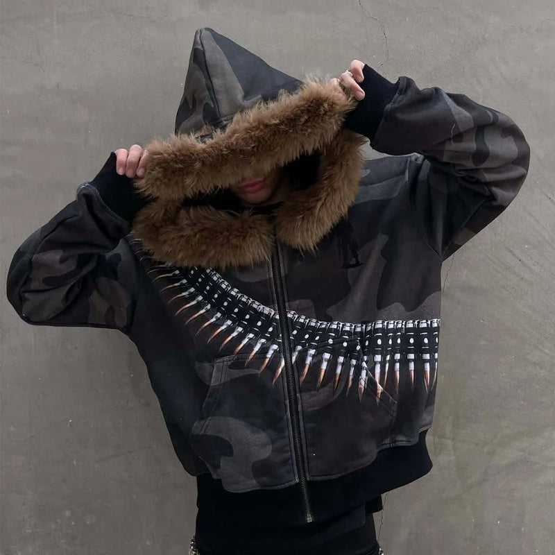 Chaqueta con capucha y cremallera, cárdigan con cuello de piel, estilo punk hip-hop rock oscuro, moda rock, versátil, estilo retro Y2K para otoño e invierno