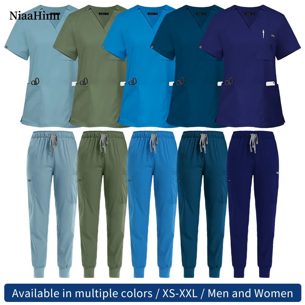 Niaahinn Nurse Accessories Medical Surgical Gowns Set Doctor Nurse Special Scrubs Uniform Solid Color Dentist Workwear Women Men