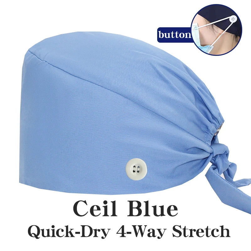 New Solid Color Stretch Scrub Caps Dental Clinic Nursing Hats Doctor Headwear Quick Dry Operating Room Caps with Buttons MSG-01