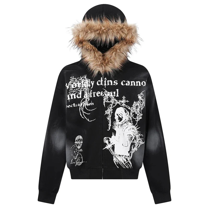 Chaqueta con capucha y cremallera, cárdigan con cuello de piel, estilo punk hip-hop rock oscuro, moda rock, versátil, estilo retro Y2K para otoño e invierno