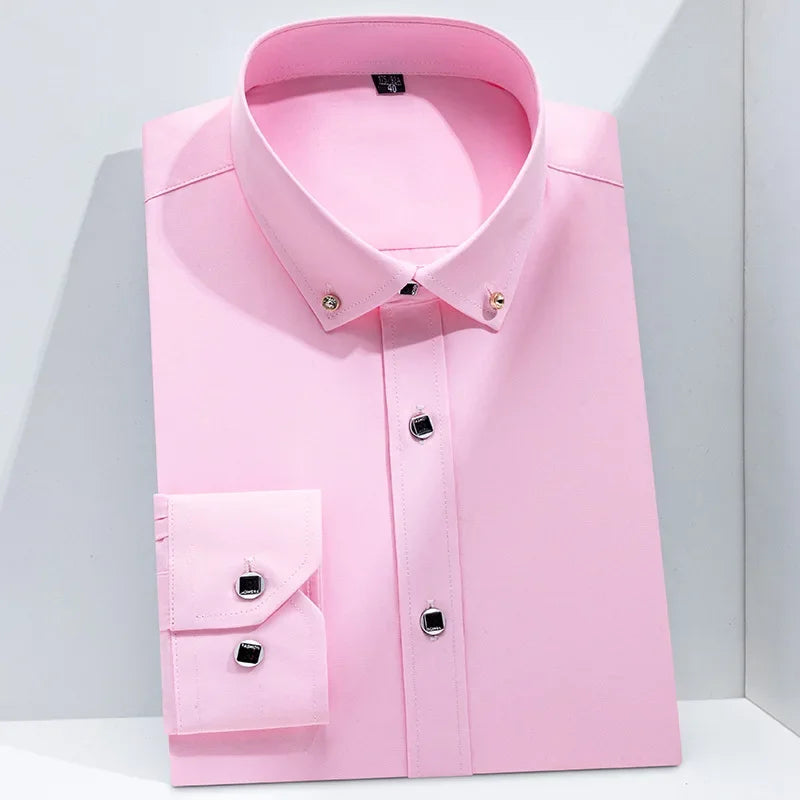 Men Business Dress Shirt Formal Fashion Thin Classic Basic Diamond Button Long Sleeve Social White Office Shirt Men Clothing