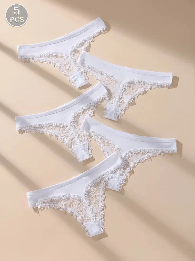 5Pcs Women Thongs Sexy Lace Panties Low Waist Underwear Girls Briefs G-String Breathable Ladies Panty White Female Lingerie S-XL