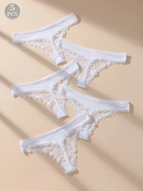 5Pcs Women Thongs Sexy Lace Panties Low Waist Underwear Girls Briefs G-String Breathable Ladies Panty White Female Lingerie S-XL