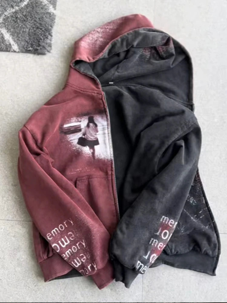 Chaqueta con capucha y cremallera, cárdigan con cuello de piel, estilo punk hip-hop rock oscuro, moda rock, versátil, estilo retro Y2K para otoño e invierno