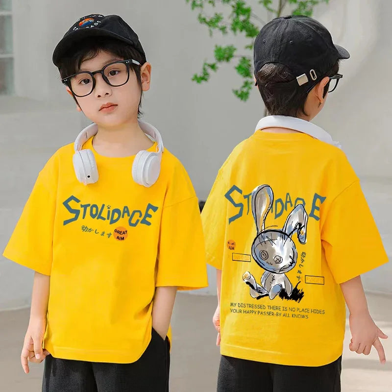 Camiseta de algodón 100% con dibujos animados de Nickelodeon para niños de primavera y verano - Top de talla grande. El conjunto del modelo es solo de referencia.